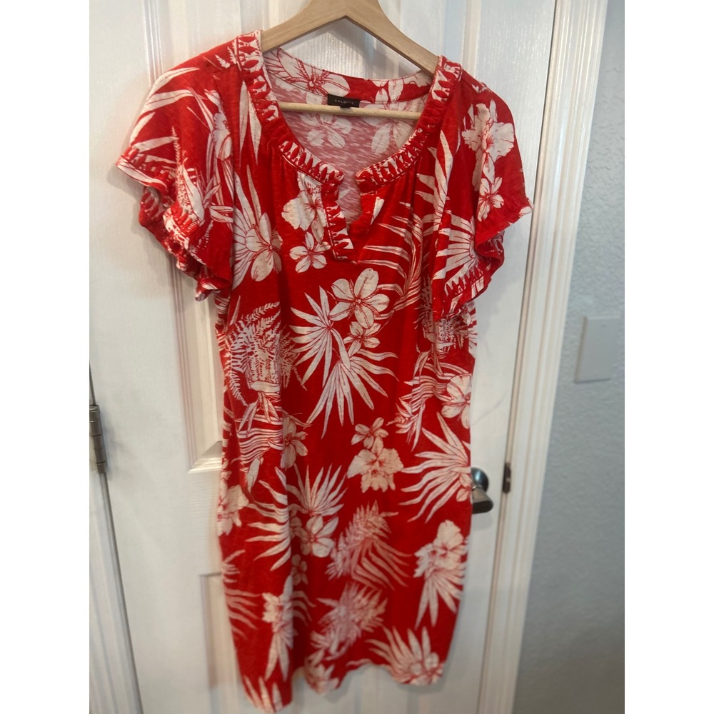 Talbots Shift Dress Red White Tropical Floral Embroidered Split Neck Cotton L